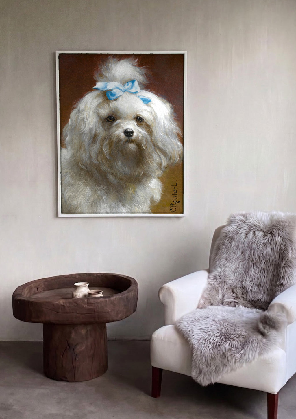 Quadro Decorativo Cão Maltês com Laço Azul - Carl Reichert | quadro emoldurado na parede
