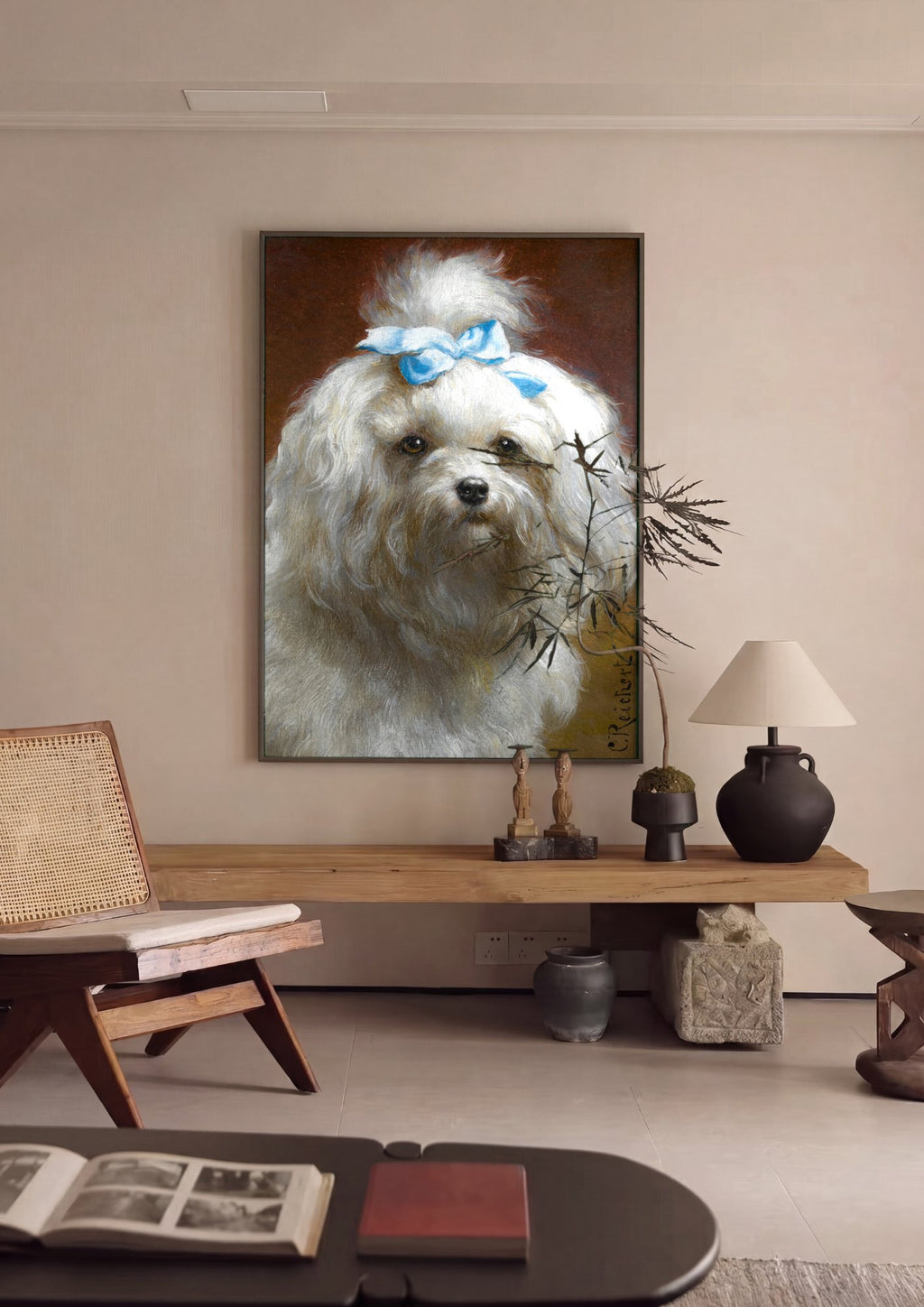 Quadro Decorativo Cão Maltês com Laço Azul - Carl Reichert | quadro emoldurado na parede