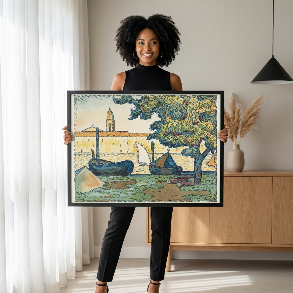 Quadro Decorativo Porto de Saint-Tropez - Signac | modelo apresentando o quadro emoldurado