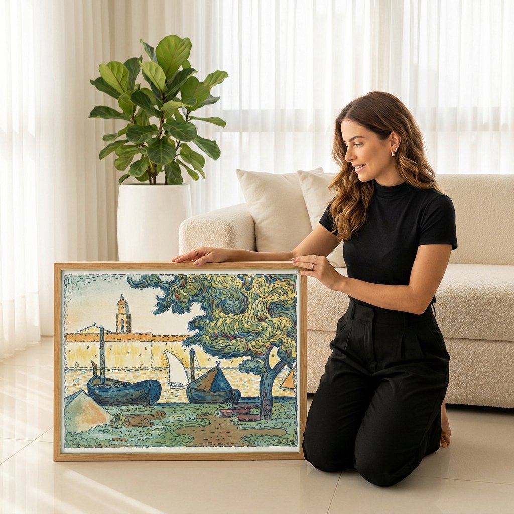 Quadro Decorativo Porto de Saint-Tropez - Signac | modelo apresentando o quadro emoldurado