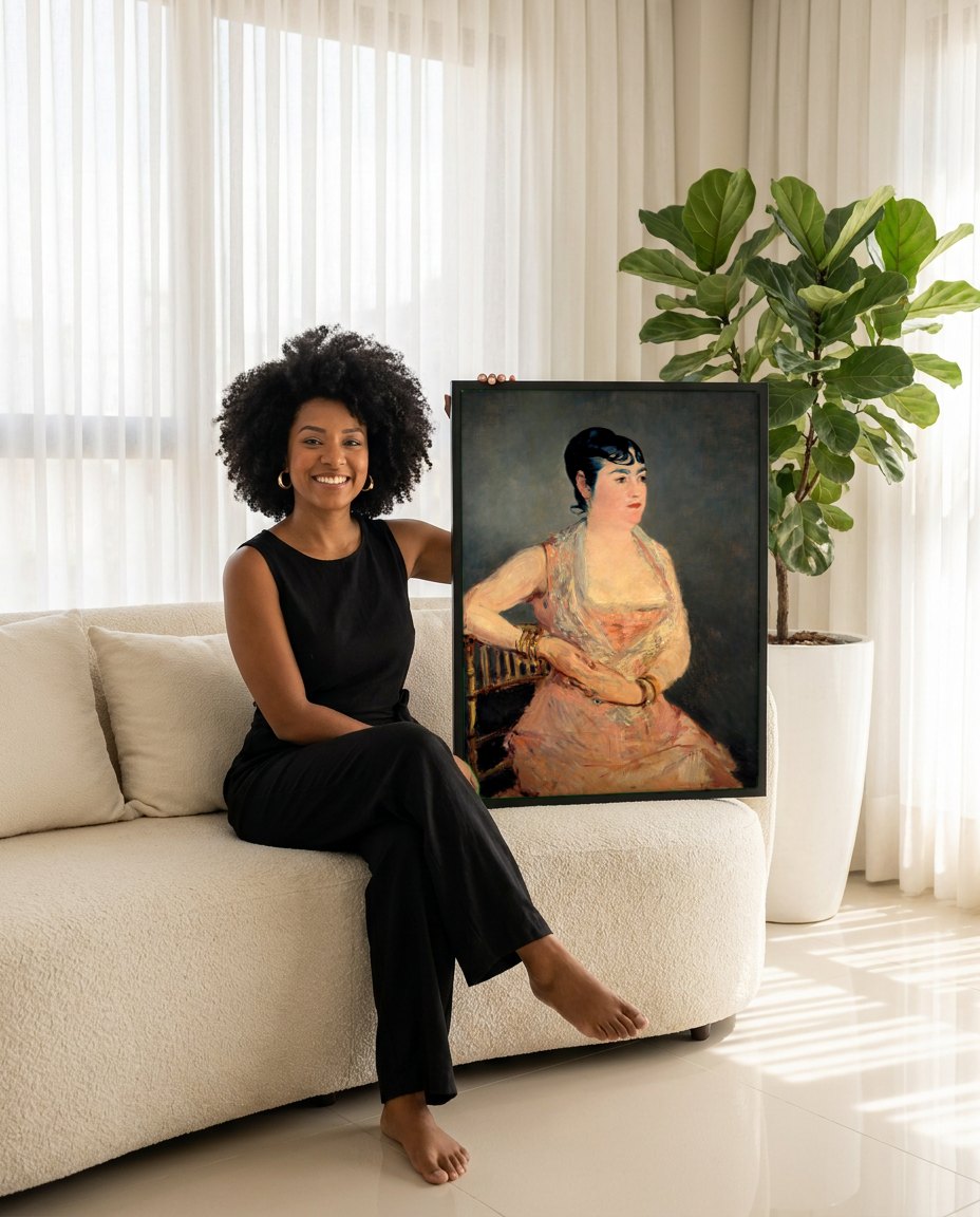 Quadro Decorativo A Senhora de Rosa e Azul - Manet | modelo apresentando o quadro emoldurado