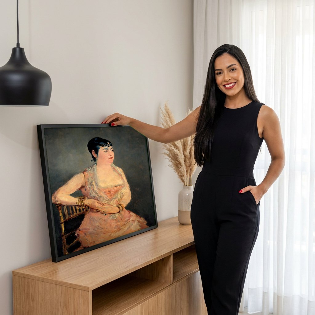 Quadro Decorativo A Senhora de Rosa e Azul - Manet | modelo apresentando o quadro emoldurado