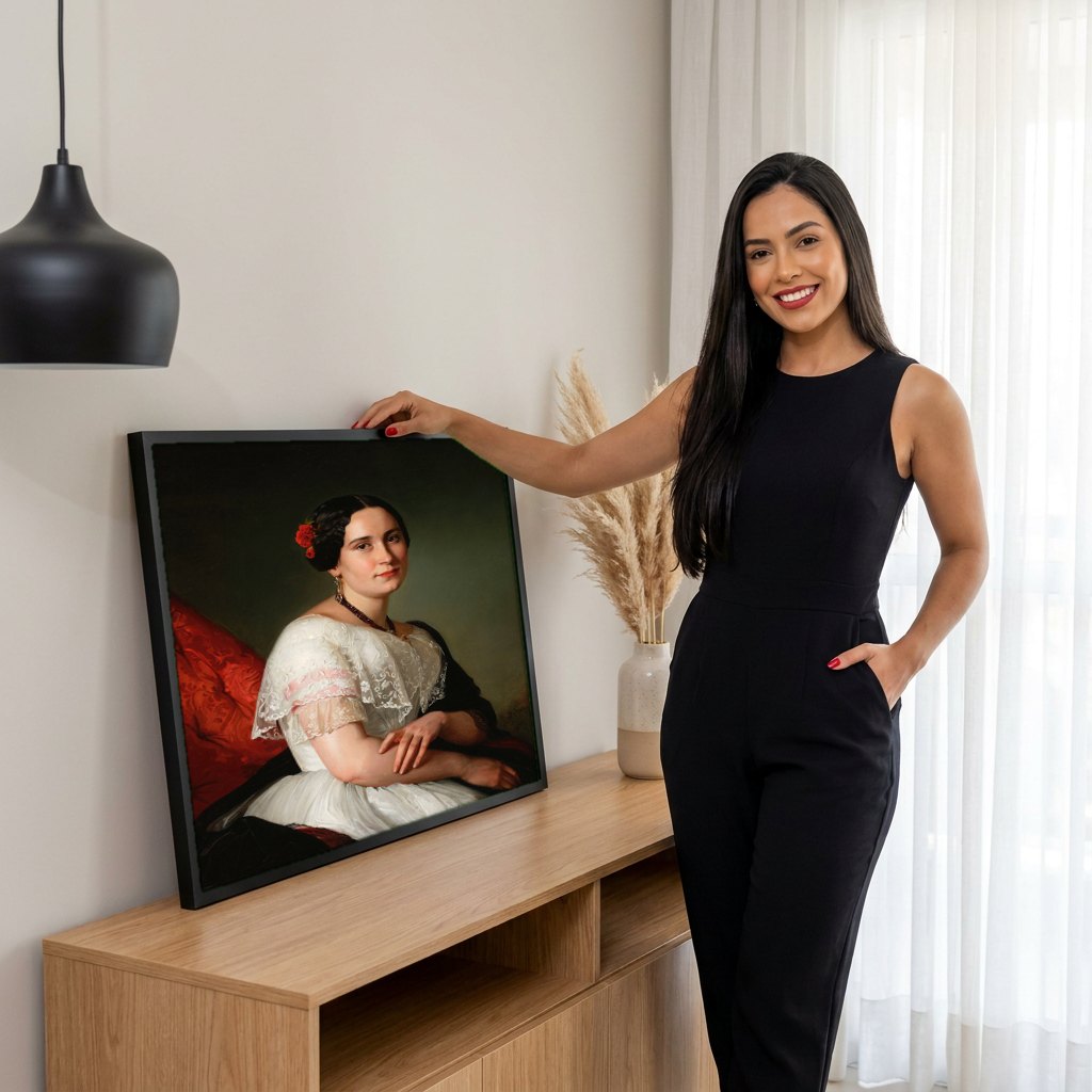 Quadro Decorativo Retrato de Senhora - Józef Simmler | modelo apresentando o quadro emoldurado