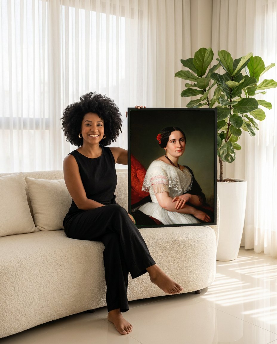 Quadro Decorativo Retrato de Senhora - Józef Simmler | modelo apresentando o quadro emoldurado