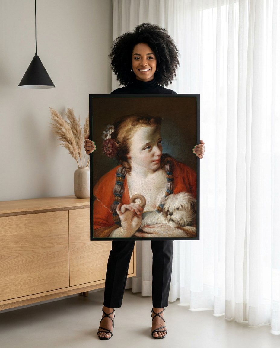 Quadro Decorativo Jovem com Cão - G. B. Piazzetta | modelo apresentando o quadro emoldurado