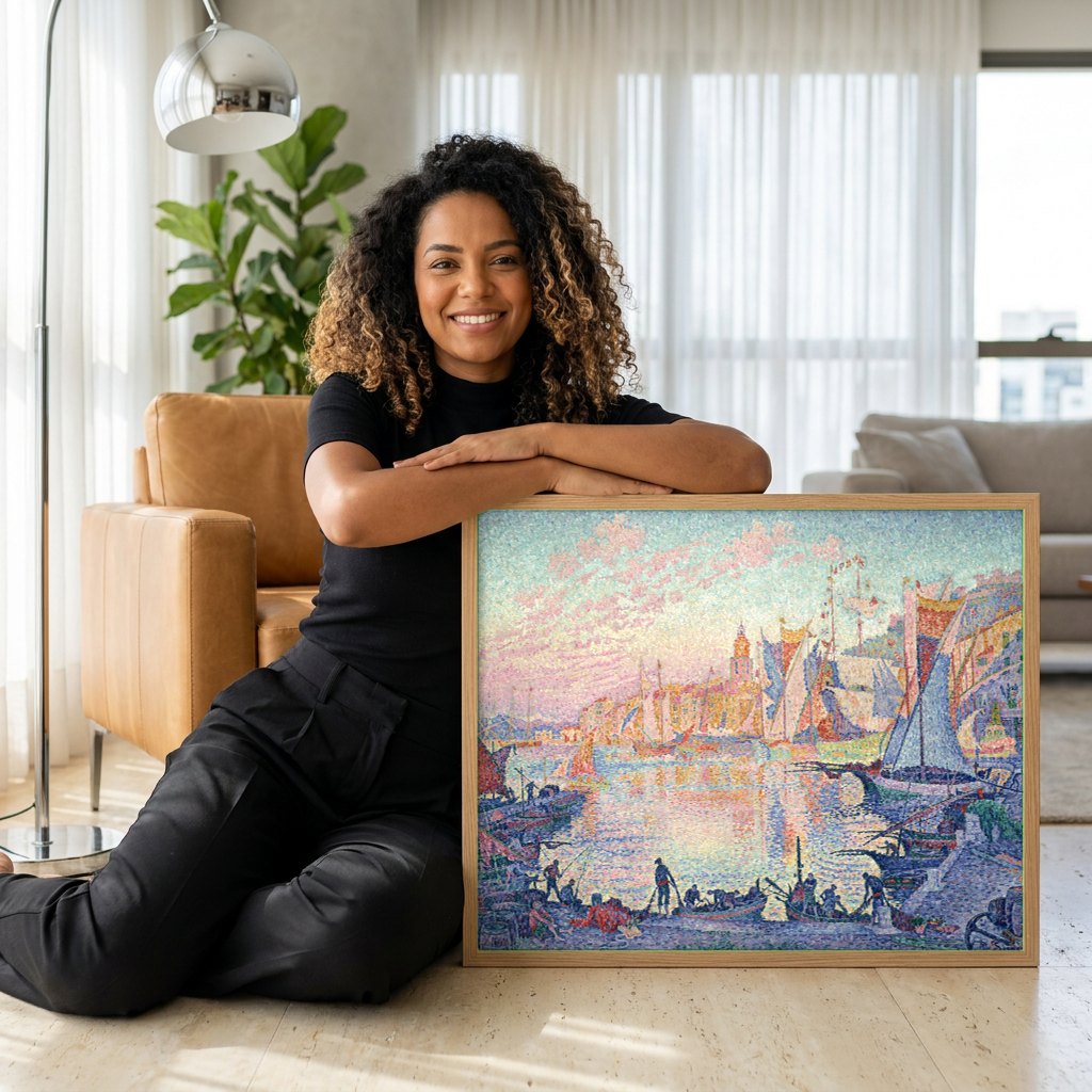Quadro Decorativo Porto de Saint-Tropez - Paul Signac | modelo apresentando o quadro emoldurado