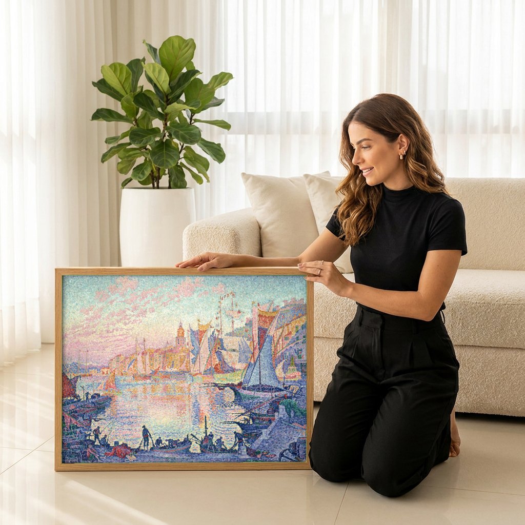 Quadro Decorativo Porto de Saint-Tropez - Paul Signac | modelo apresentando o quadro emoldurado