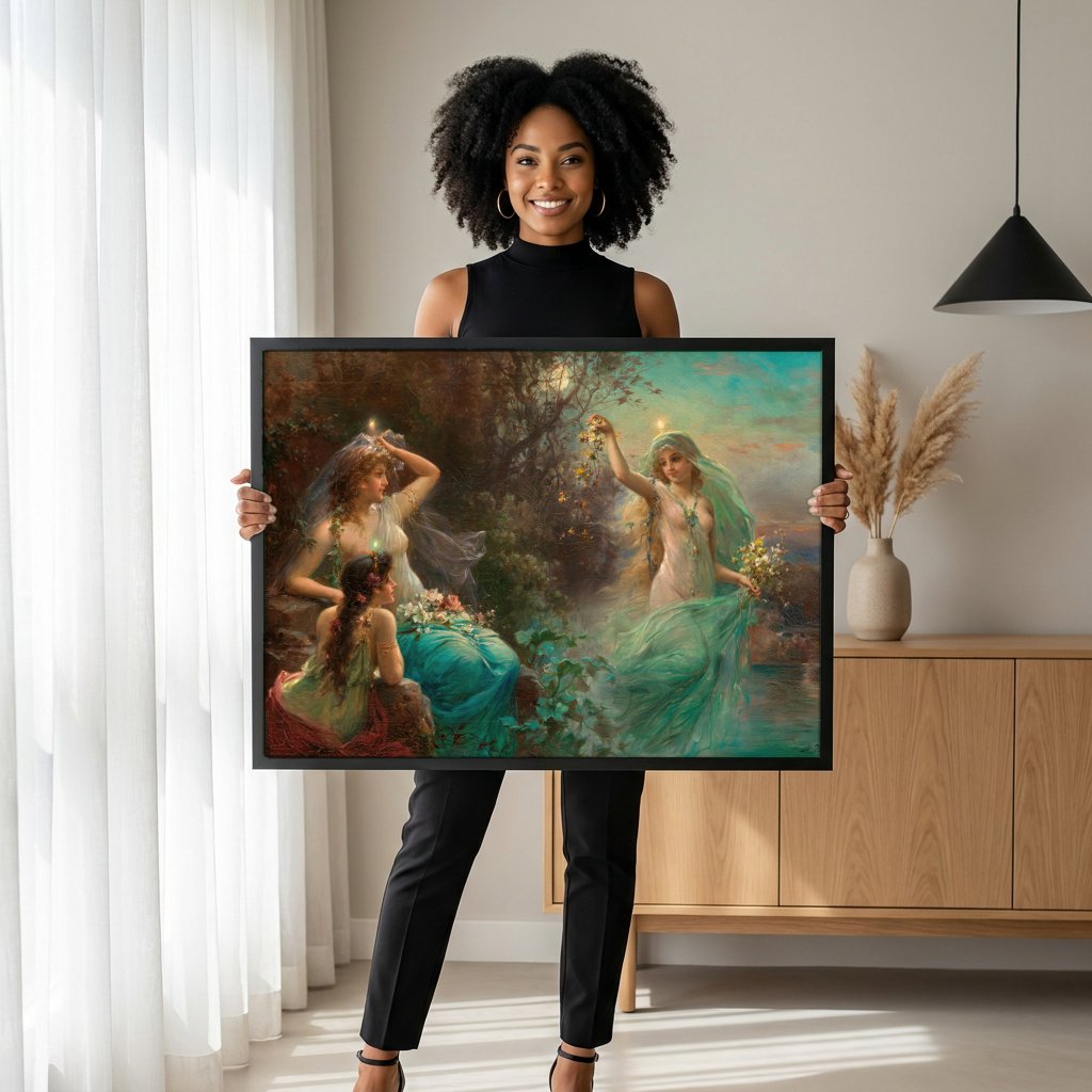 Quadro Decorativo Ninfas ao Luar - Hans Zatzka com modelo em ambiente