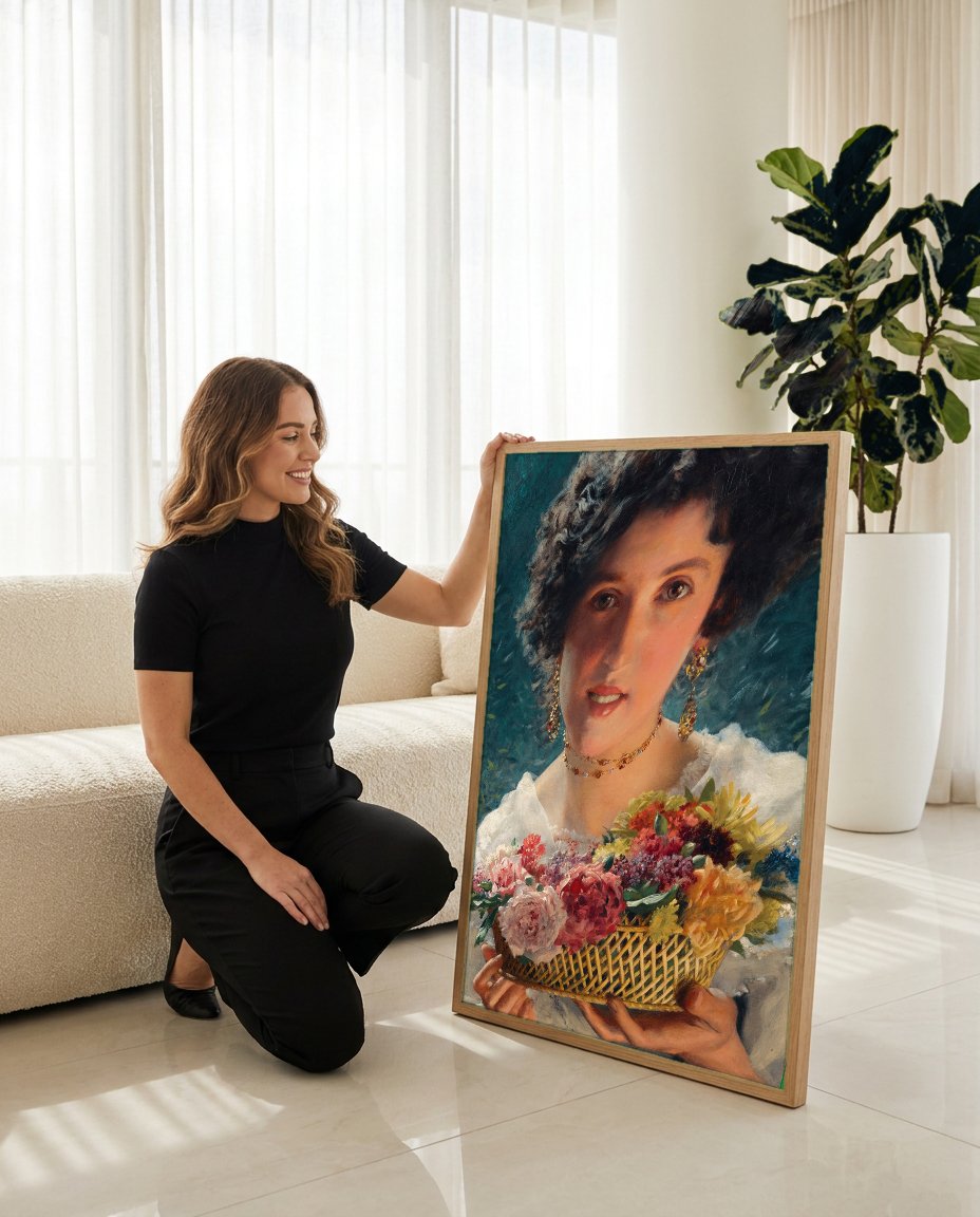 Quadro Decorativo A Cesta de Flores - Czachórski com modelo em ambiente