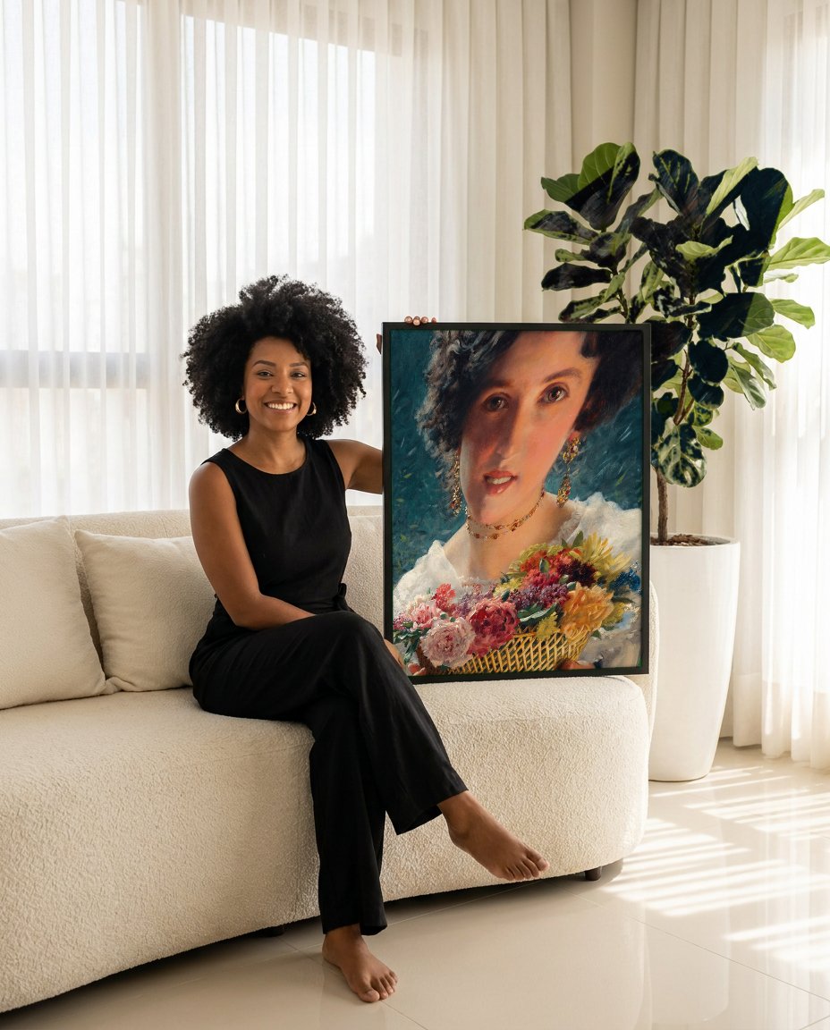 Quadro Decorativo A Cesta de Flores - Czachórski com modelo em ambiente