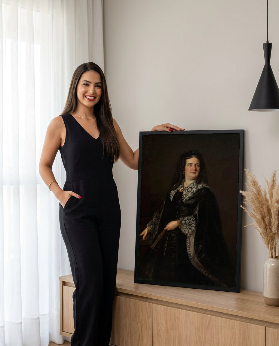 Quadro Decorativo Retrato de Dama - Józef Simmler com modelo em ambiente