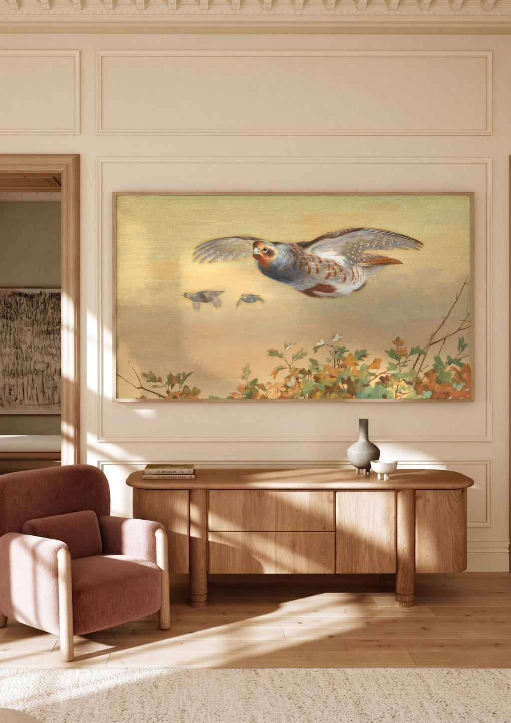 Quadro Decorativo A Revoada das Perdizes - Archibald Thorburn em ambiente decorado