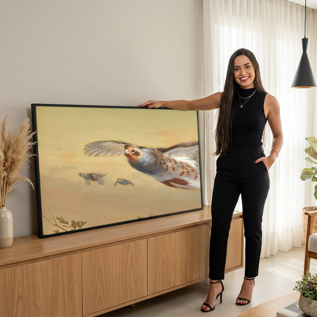 Quadro Decorativo A Revoada das Perdizes - Archibald Thorburn com modelo em ambiente
