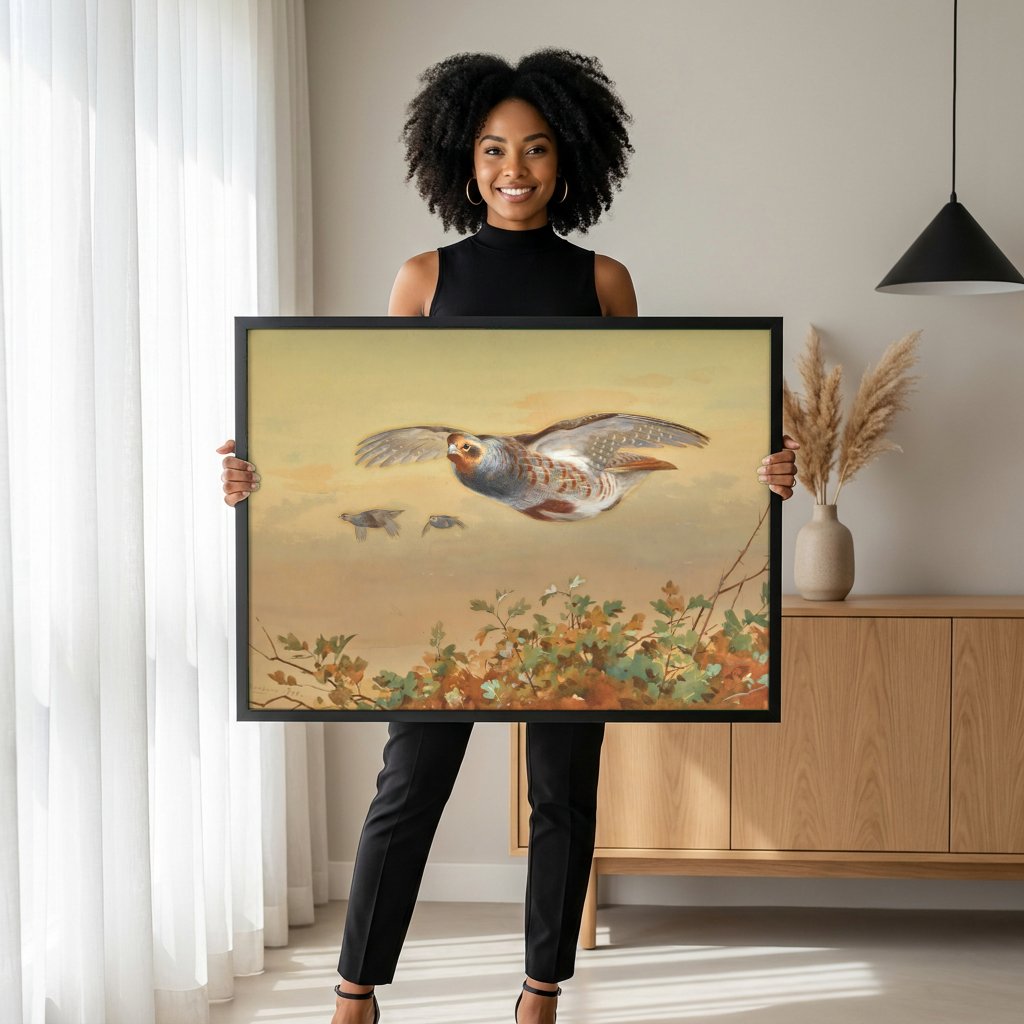 Quadro Decorativo A Revoada das Perdizes - Archibald Thorburn com modelo em ambiente