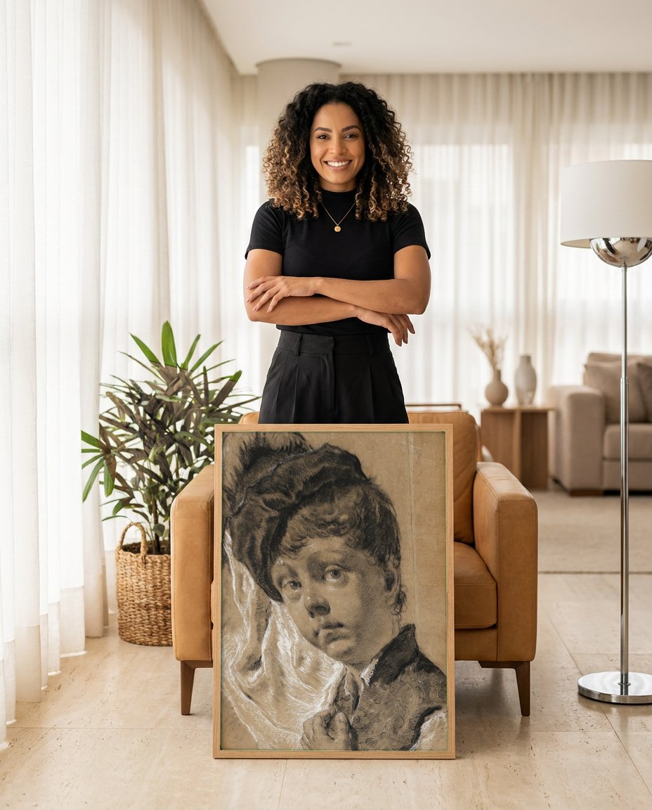 Quadro Decorativo Jovem com Pera - Piazzetta com modelo em ambiente