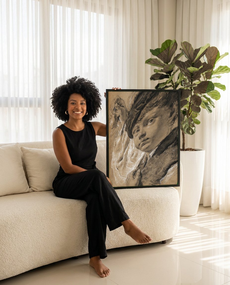 Quadro Decorativo Jovem com Pera - Piazzetta com modelo em ambiente