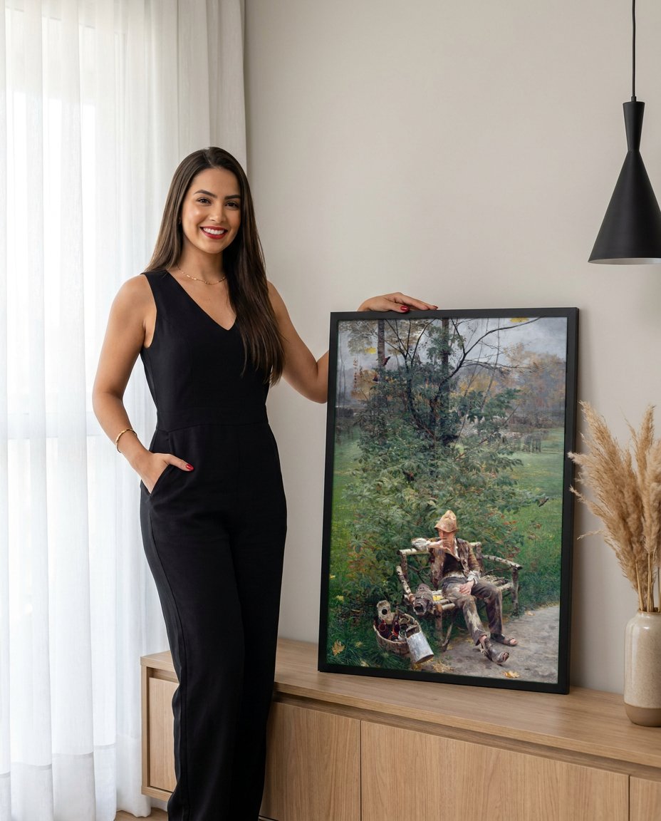 Quadro Decorativo 'O Pintor' - Jacek Malczewski com modelo em ambiente