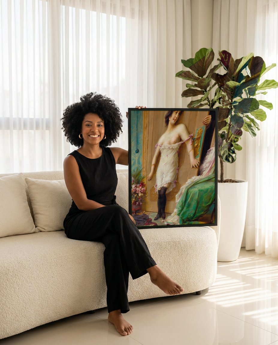 Quadro Decorativo A Surpresa – Hans Zatzka com modelo em ambiente