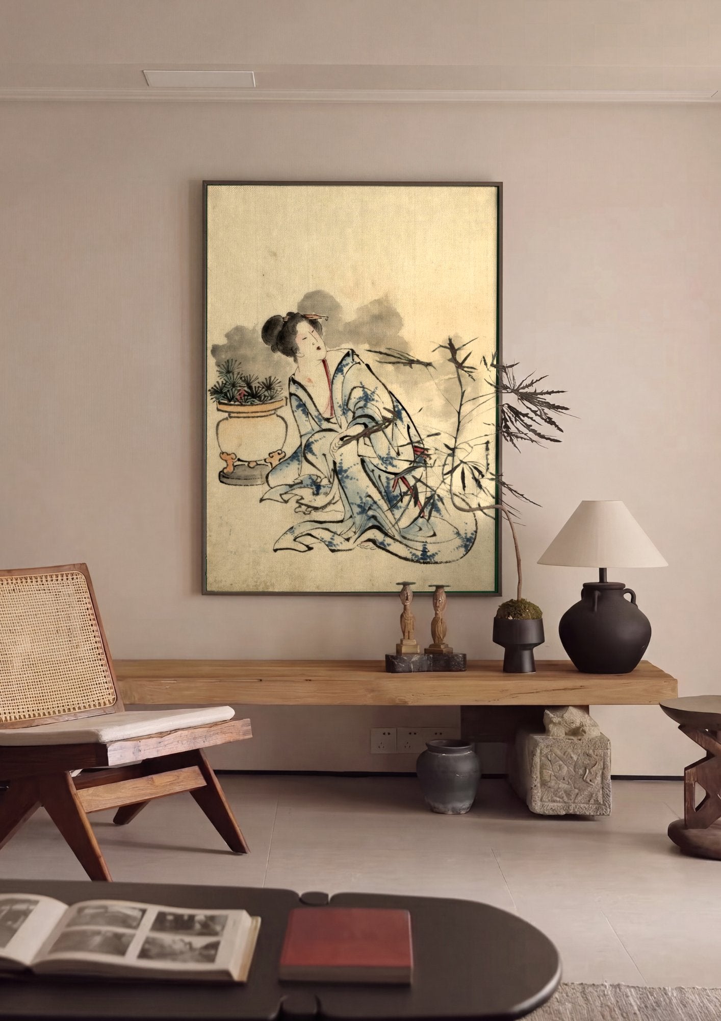 Quadro Decorativo A Dama do Quimono Azul - Hokusai em ambiente decorado