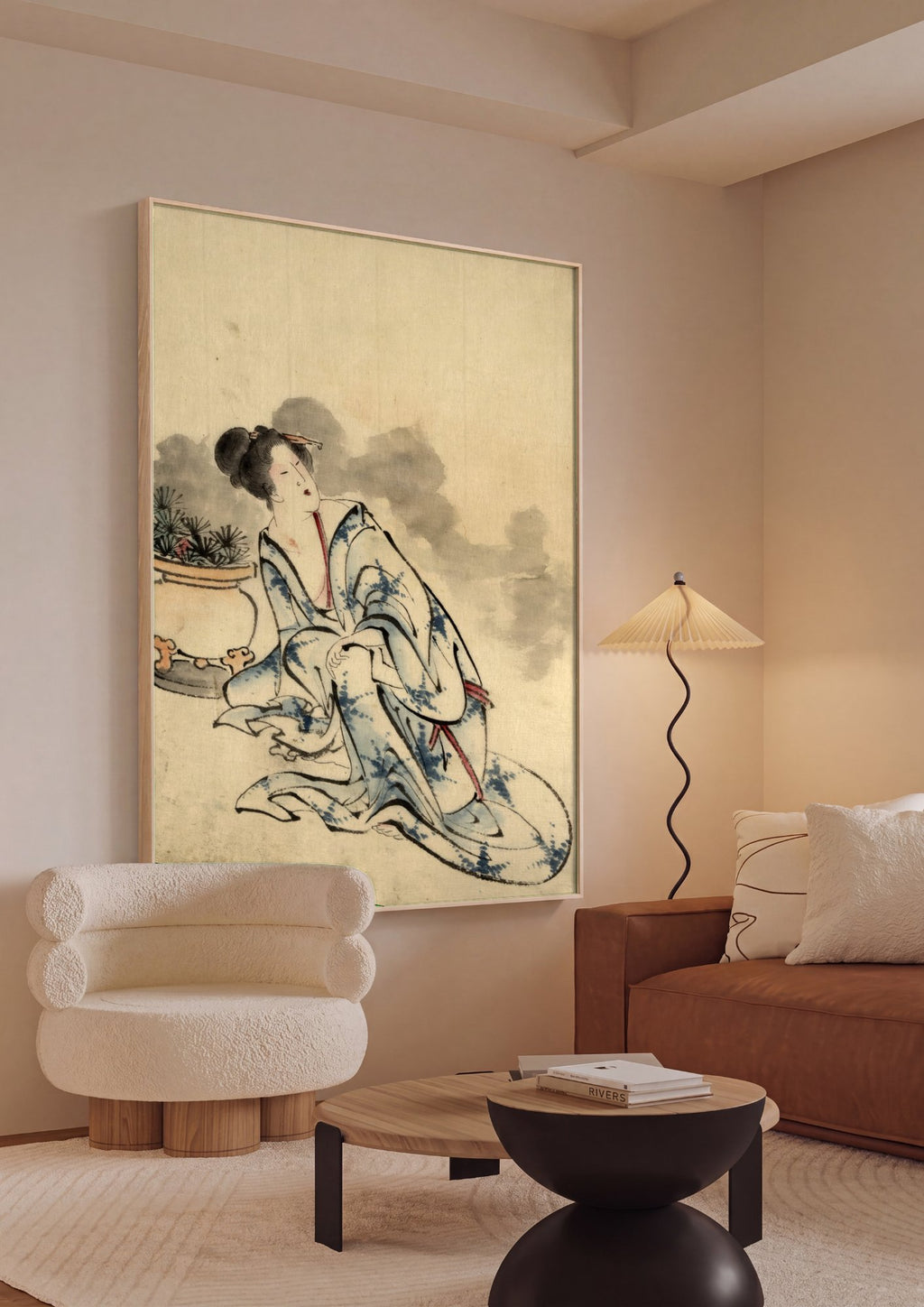 Quadro Decorativo A Dama do Quimono Azul - Hokusai em ambiente decorado