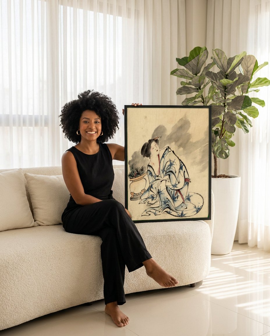 Quadro Decorativo A Dama do Quimono Azul - Hokusai com modelo em ambiente