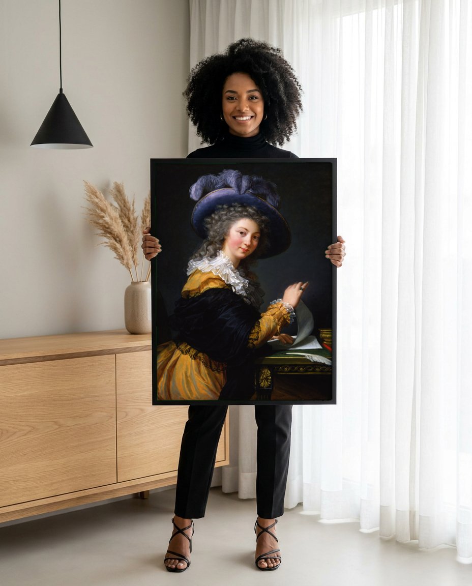 Quadro Decorativo A Dama do Chapéu Azul - Vigée Le Brun com modelo em ambiente