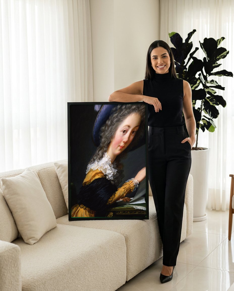 Quadro Decorativo A Dama do Chapéu Azul - Vigée Le Brun com modelo em ambiente